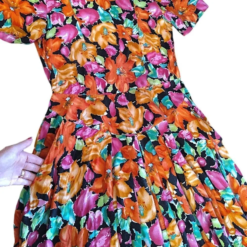 VTG 80s Bright Floral V Waist Midi Dress SZ 12 *Fits like Med Gardencore‎
